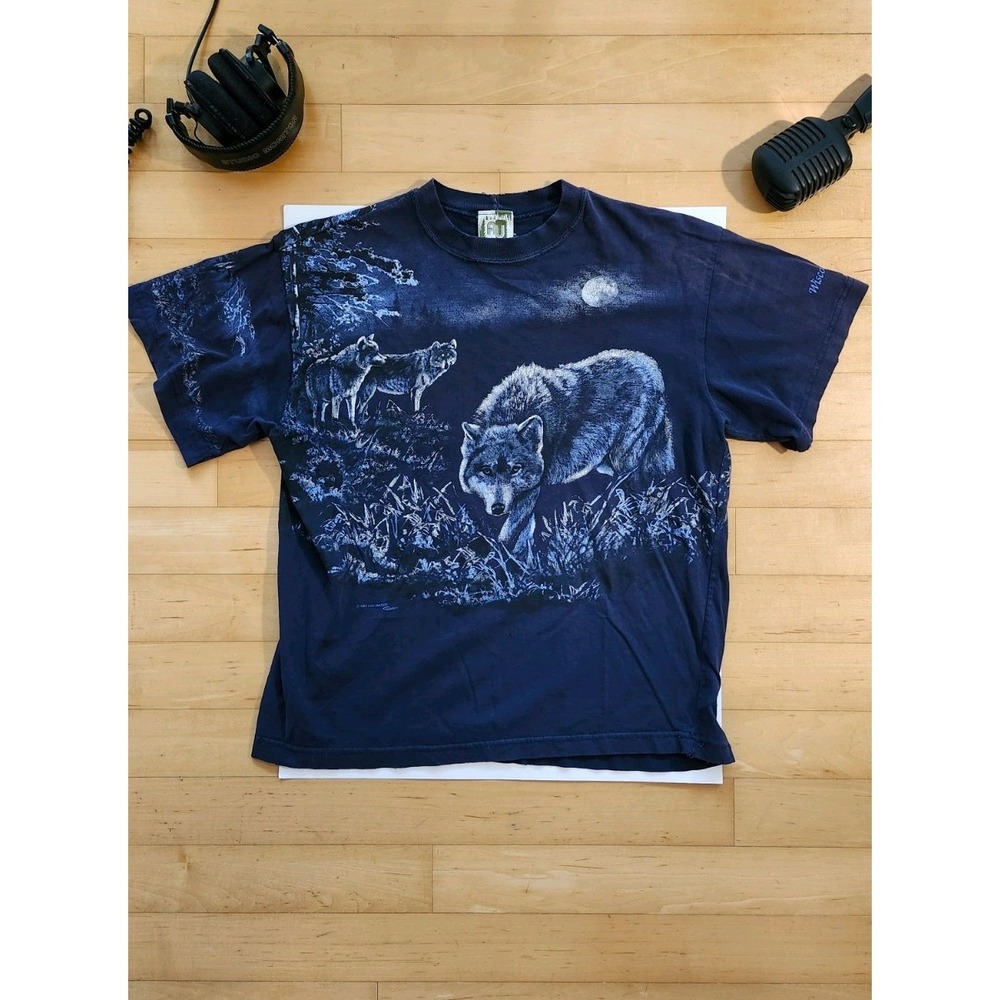 Vintage Wolf Moon AOP USA Graphic Tee Cotton Mens Large Navy Blue Wisconsin